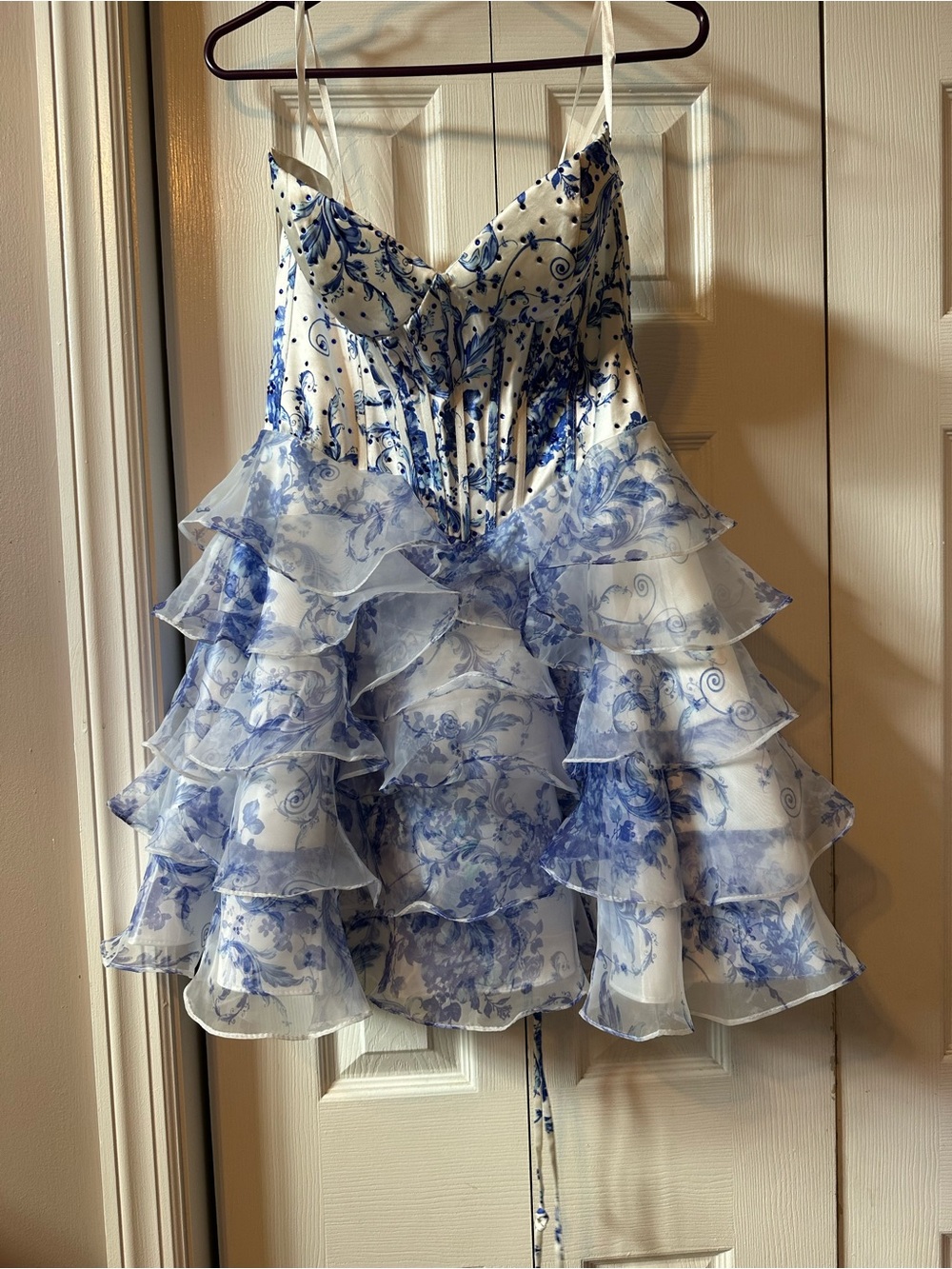 Blue and White Floral Ruffle Prom Dress with Spaghetti Straps